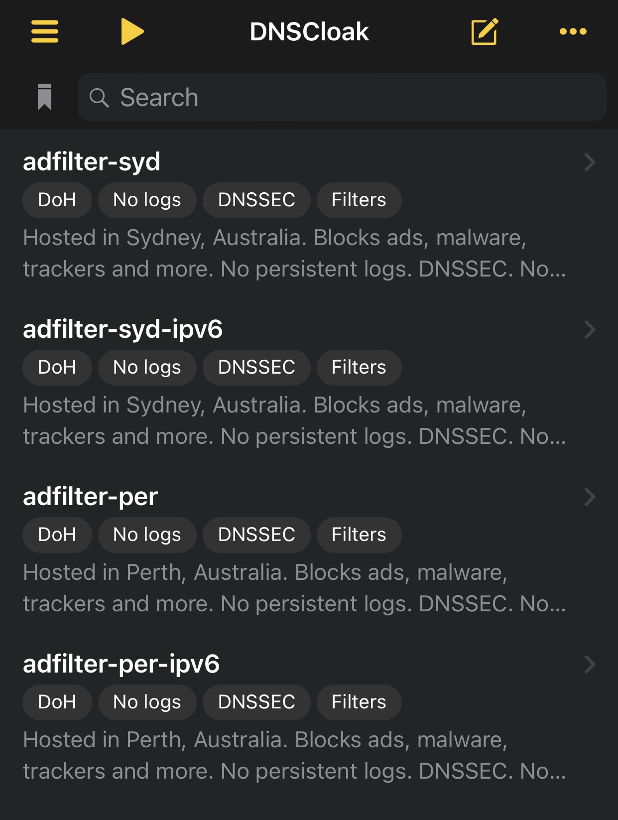 DNSCloak AdFilter server list